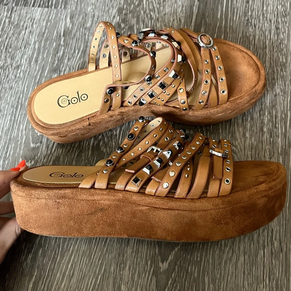 Free People Tan Brown Studded Platform Slide Sandals